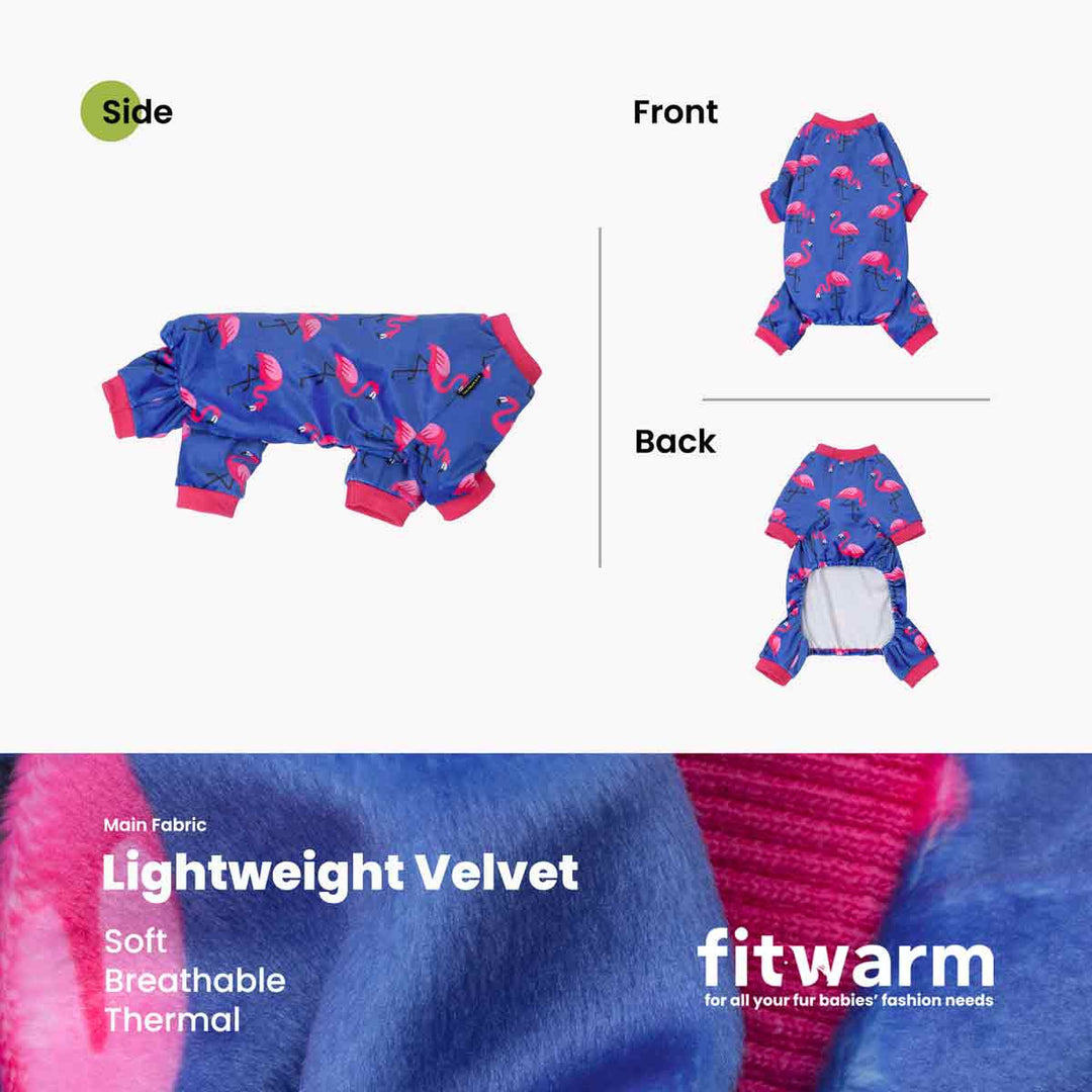 Dog jammies with blue and pink flamingo pattern, showing side, front, and back views, with 'fitwarm' branding