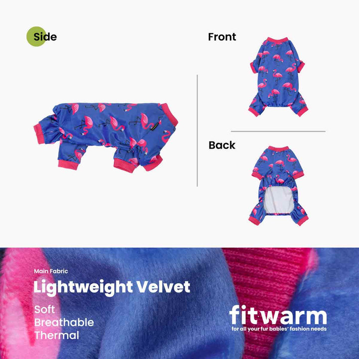 Dog jammies with blue and pink flamingo pattern, showing side, front, and back views, with 'fitwarm' branding