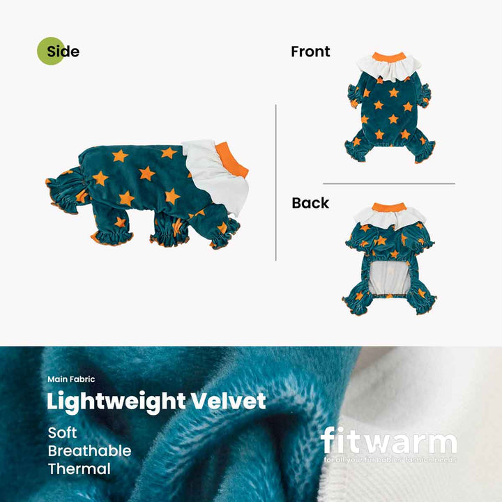Playful dog clown costume show in side, front, and back view with lightweight velvet fabric description