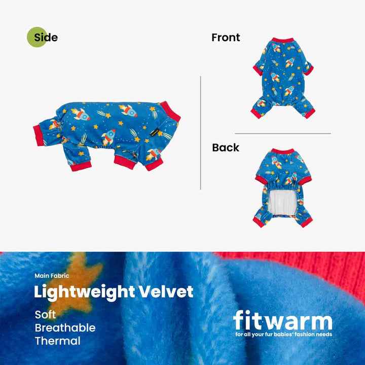 Product infographic showing a blue pet pajama set with a space-themed print. Top half displays the front and back views of the one-piece pajama with red cuffs and collar, alongside a side profile view