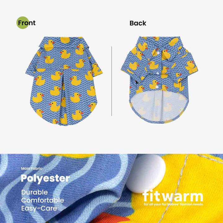 Duck button-up dog shirt featuring yellow ducks on blue waves