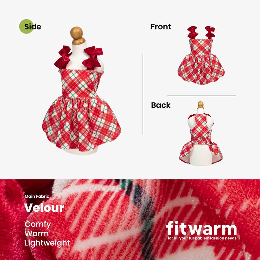 Christmas sleeveless dress for dogs shown on a mannequin from side, front, and back views, with a red, white, and green plaid pattern and red bow details