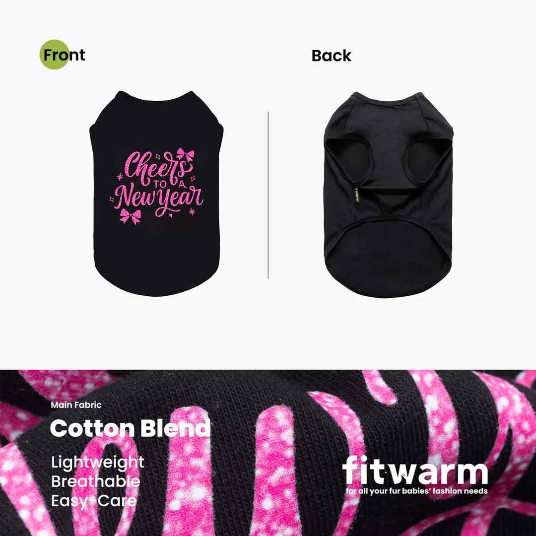 Black dog shirt with pink “Cheers to a New Year” lettering, front and back views.