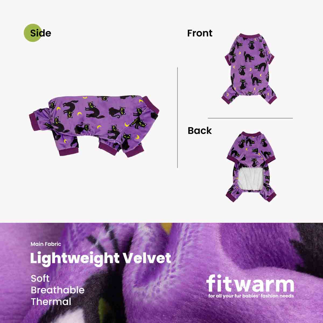Product presentation of a purple dog fleece  onesie with a black cat print, showing front and back views alongside a side view and a fabric detail banner at the bottom