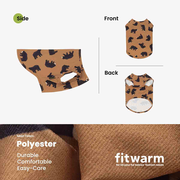 Product information graphic for a dog t shirt, showing side, front, and back views on a light gray background