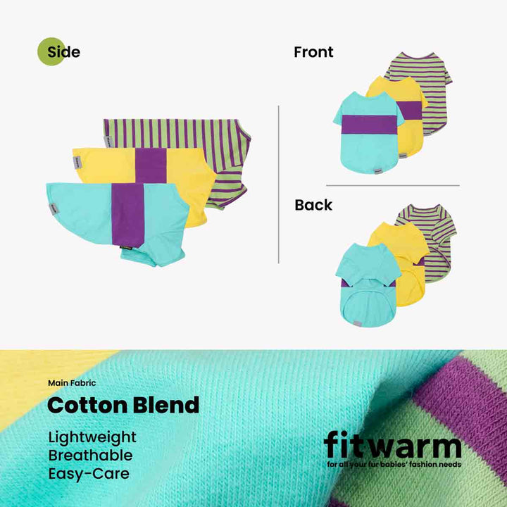 3 pack dog tshitr with side, front, and back views on a white background, featuring the brand 'fitwarm'