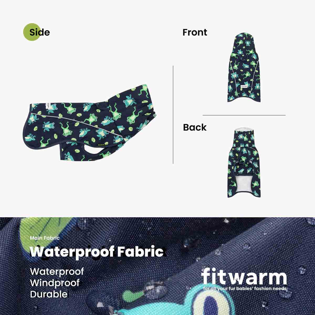Turtleneck dog raincoat show in side, front, and back view with waterproof fabric description