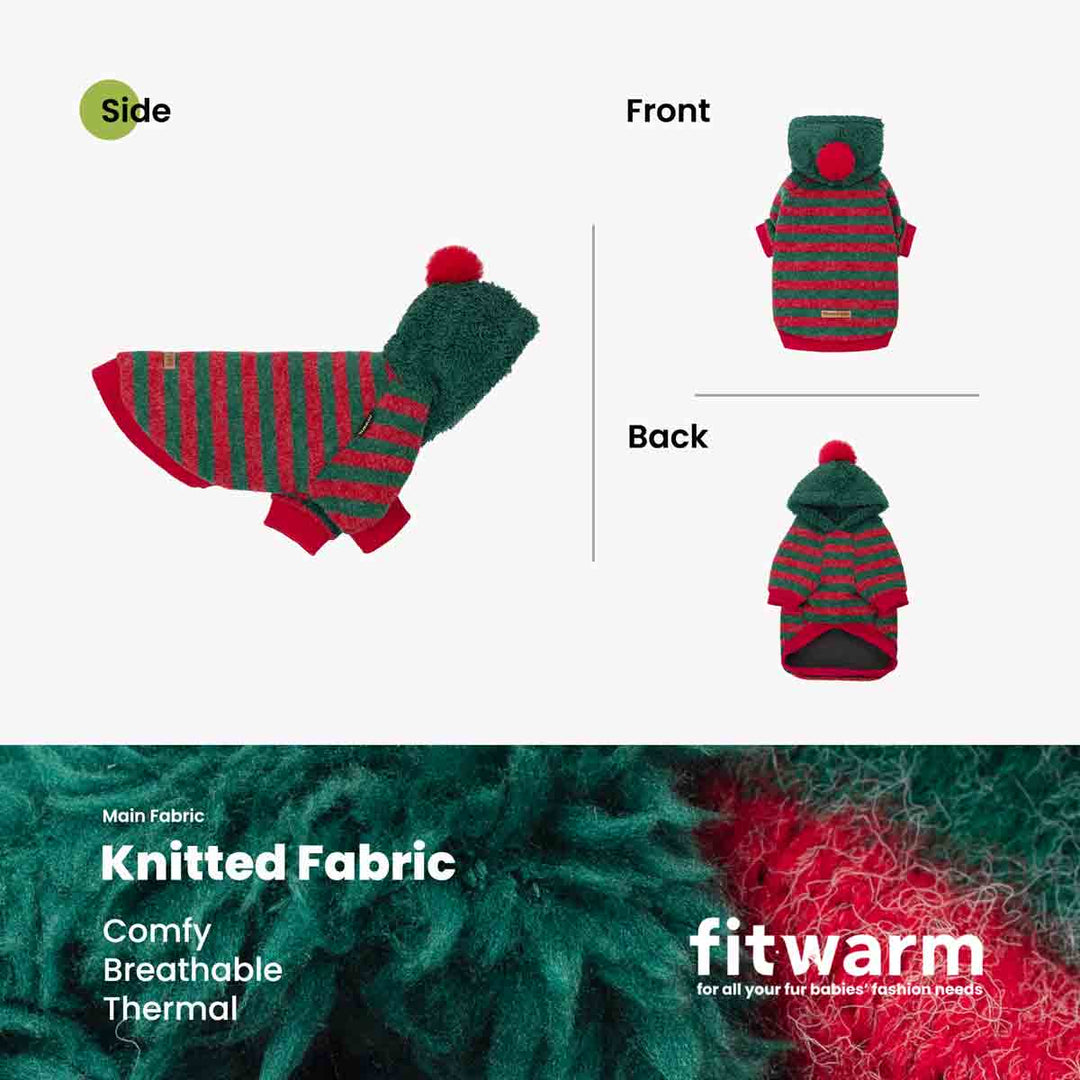 Festive dog sweatshirt shown from multiple angles on a light gray background, with a close-up of the knitted fabric texture