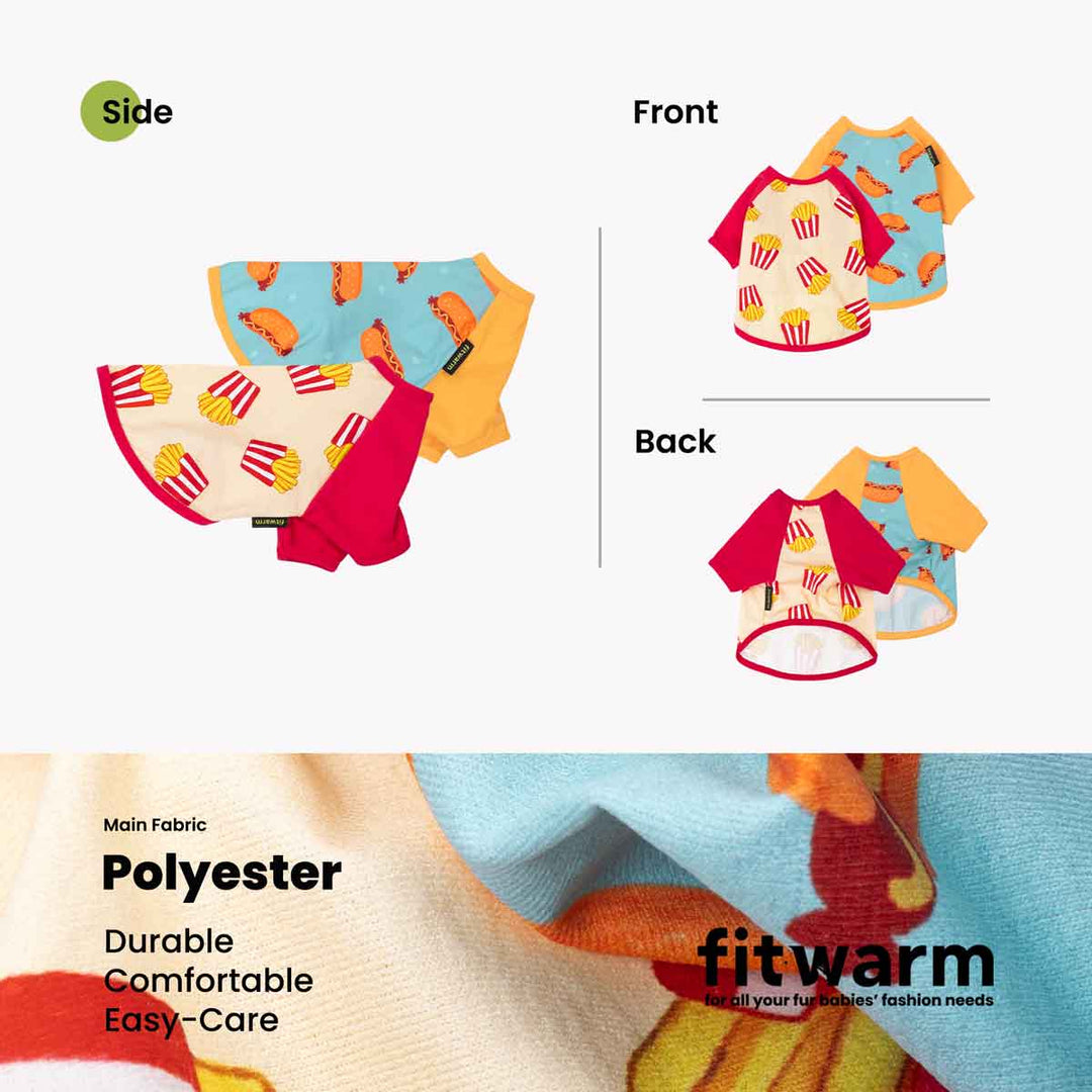 Illustration of a dog shirt with side, front, and back views, featuring the brand 'fitwarm'.
