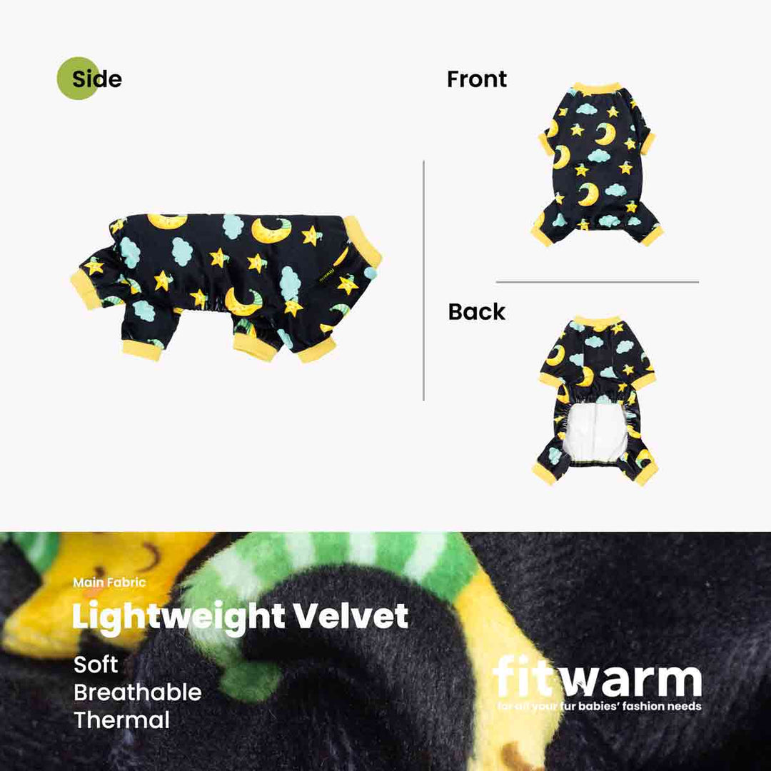 Black dog pajamas with yellow sleepy moons, stars, and blue clouds. Yellow trim. Soft velvet.