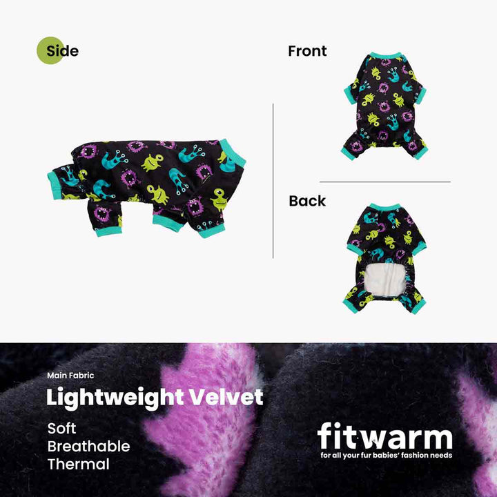 Black dog pajamas with colorful cartoon monsters, green trim, and ribbed cuffs.