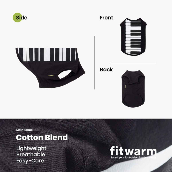 Product diagram showing a black Halloween shirt for dogs with a piano-key pattern on the front side, labeled as side view, with front and back views on a light background