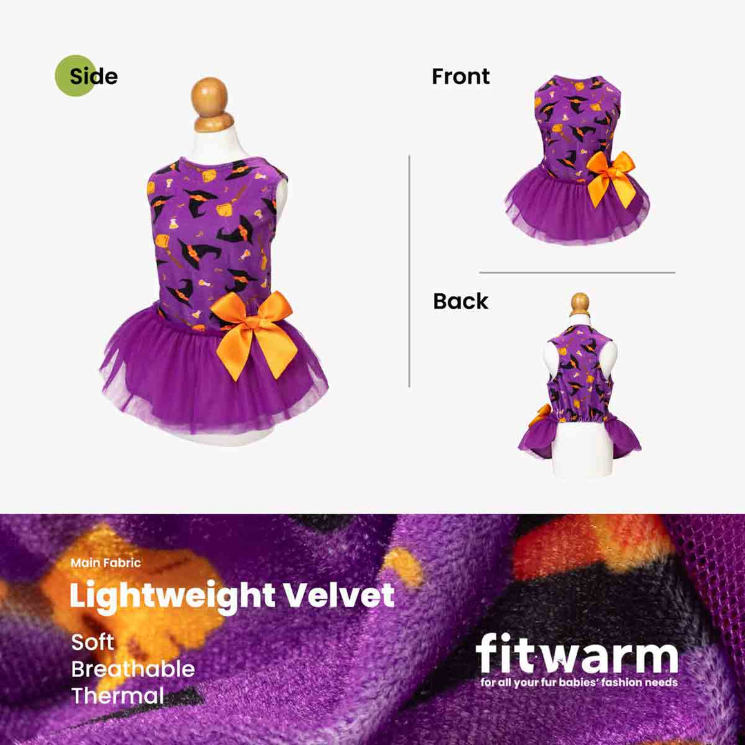 Halloween dog tutu dress shown on a mannequin from side, front, and back views, with a purple velvet-like top and skirt and orange bow 