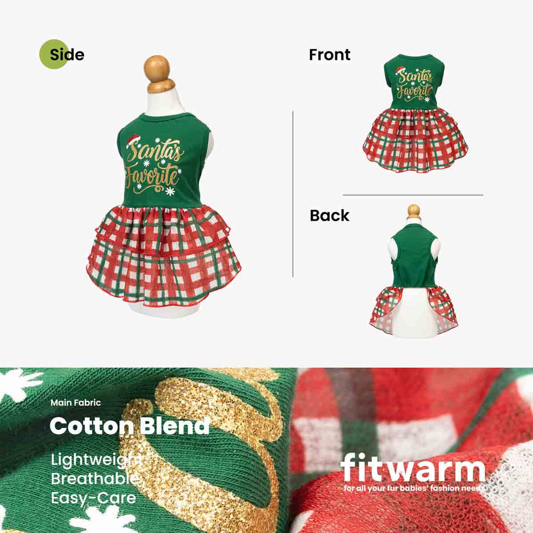 Christmas-themed dress for dogs on a mannequin, shown from side, front, and back views with fabric close-ups