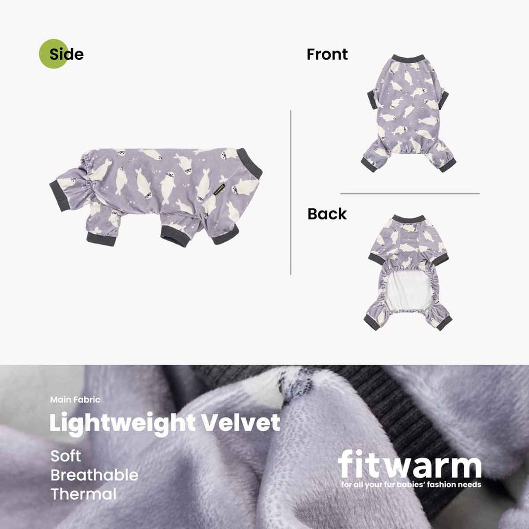Dog fleece pajamas with side, front, and back views, featuring lightweight velvet material