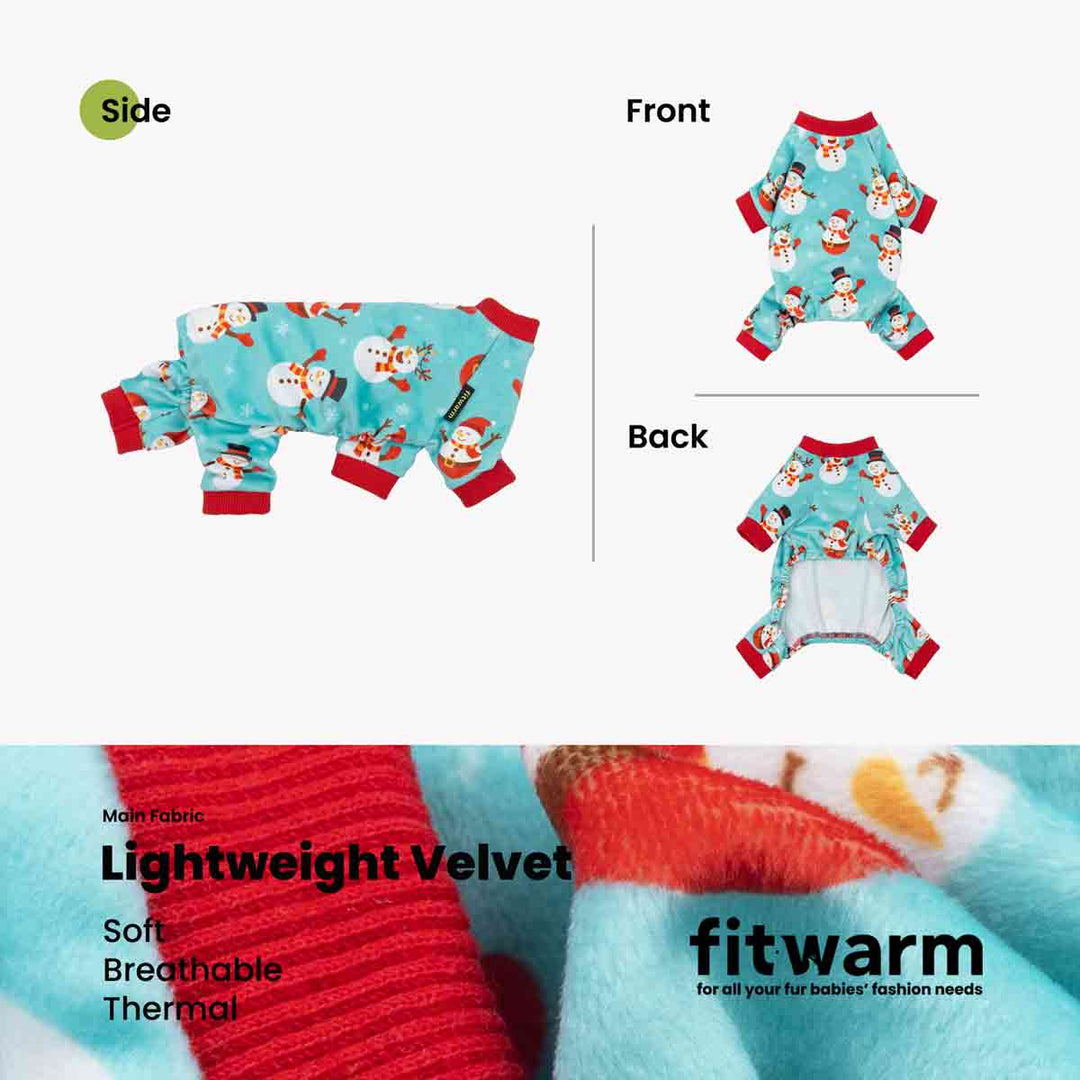 Image showing dog pajamas with a light-blue snowman print, featuring front, back, and side views.