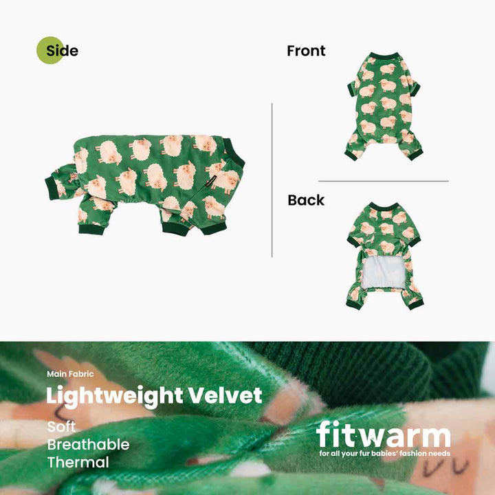 Green dog pajamas with white sheep print and dark green trim, soft velvet fabric.