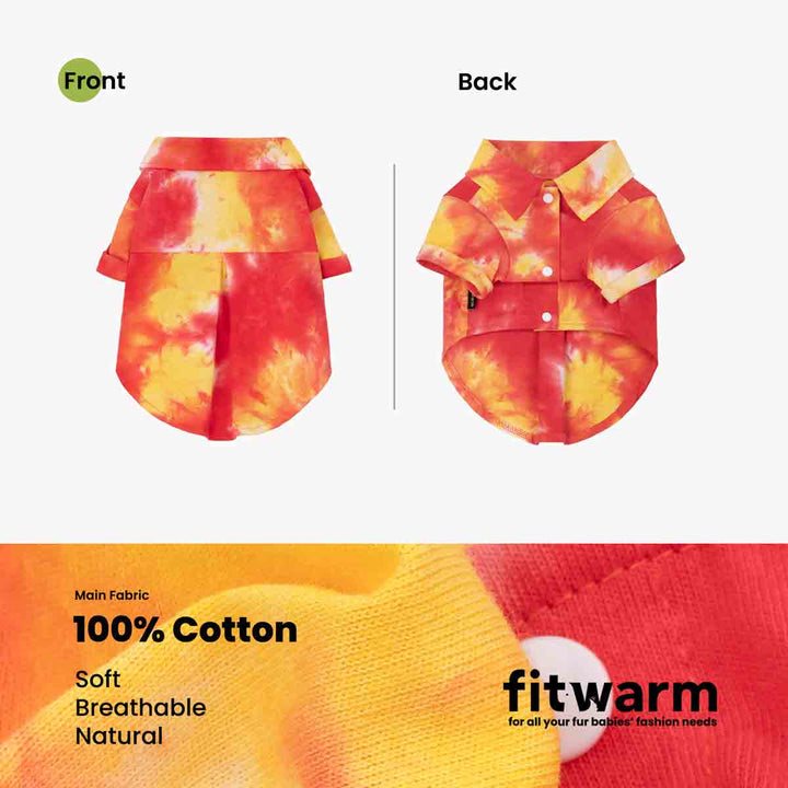Tie-dye dog tshirt with front and back views, labeled 'fitwarm'