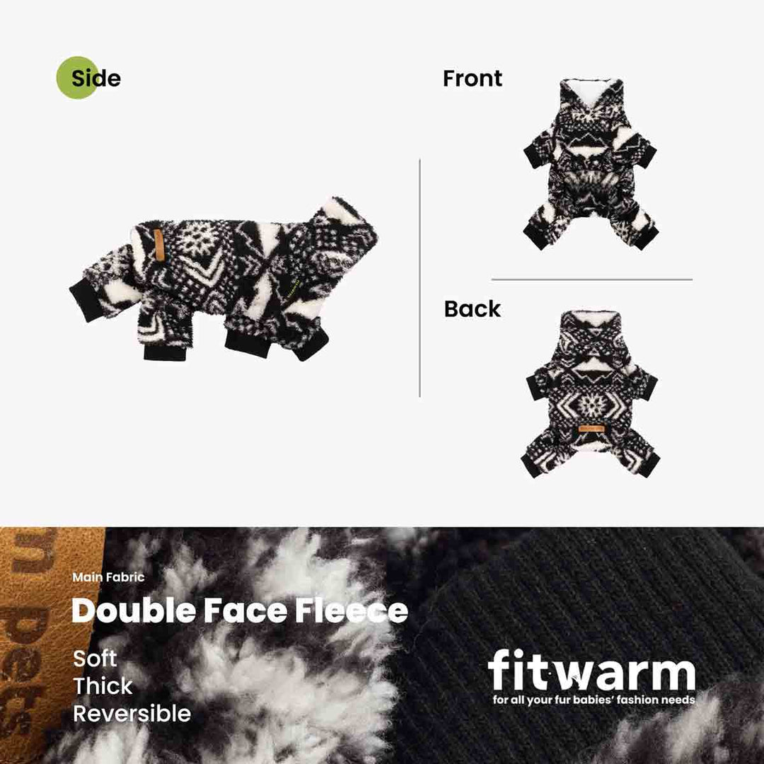Side, front, and back views of black and white fleece dog pajamas shown with close-up double-face fleece material.