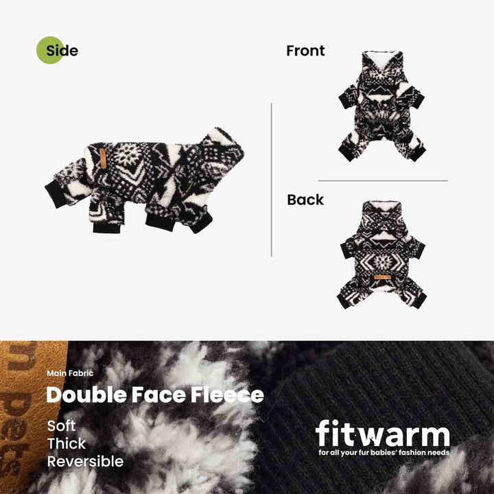 Side, front, and back views of black and white fleece dog pajamas shown with close-up double-face fleece material.
