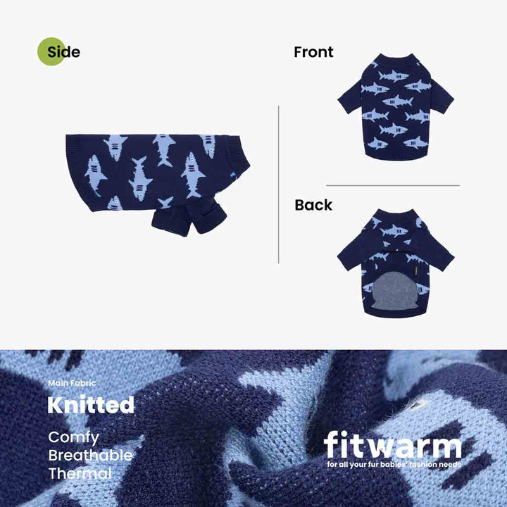 Product presentation for dog fleece sweater. The top half shows the 'Side' view with a light blue shark pattern, alongside 'Front' and 'Back' views of the matching navy blue knit pet sweater with a shark print and a gray belly patch