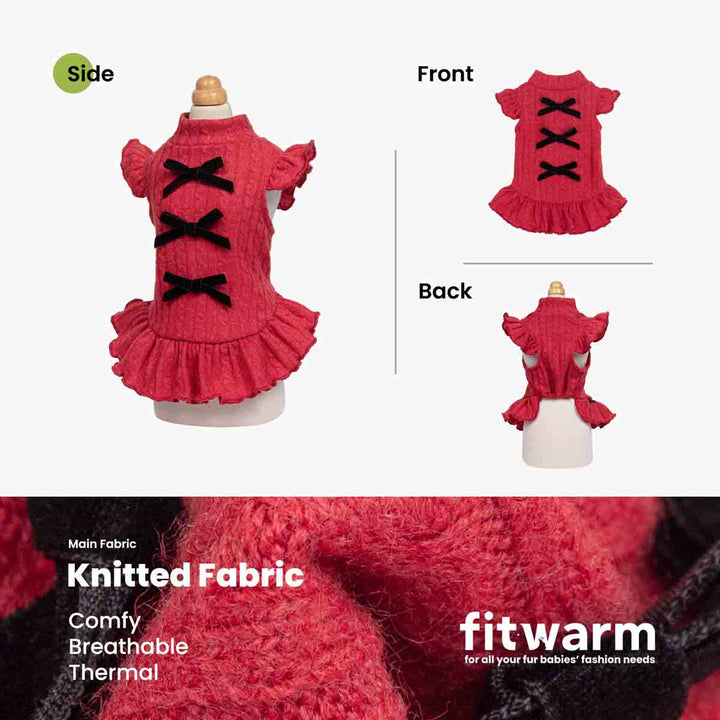 Red knit pet dog knitted dress shown on a mannequin with front, back, and side views, plus a fabric close-up and text highlighting comfort, breathability, and thermal properties