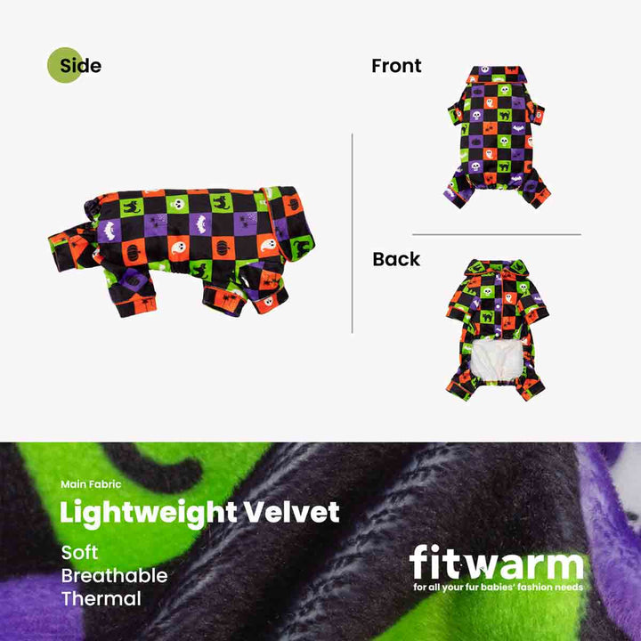 Product infographic showing a small Halloween dog collared neck pajamas in multiple angles, with a large side view, smaller front and back views, and a fabric close-up banner at the bottom