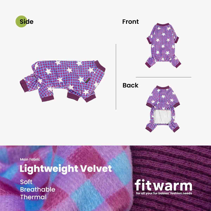 Product presentation of a fleece dog onesie with a purple and pink gingham check pattern and white star prints