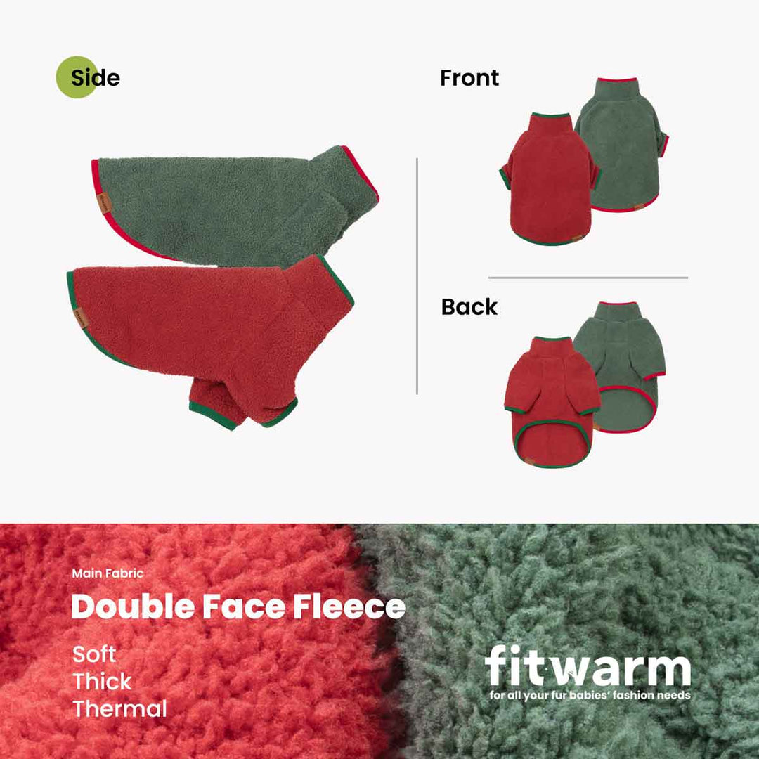 Product information graphic for a dog fleece sweaters showing side, front, and back views, plus a close-up fabric swatch labeled double face fleece with the brand name fitwarm