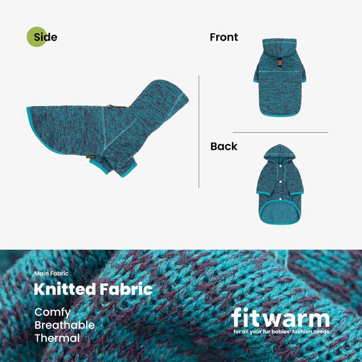 Product information graphic for a dog hooded jacket. It shows three views of the jacket labeled Side, Front, and Back on a light gray background, with a close-up knit fabric texture banner at the bottom 