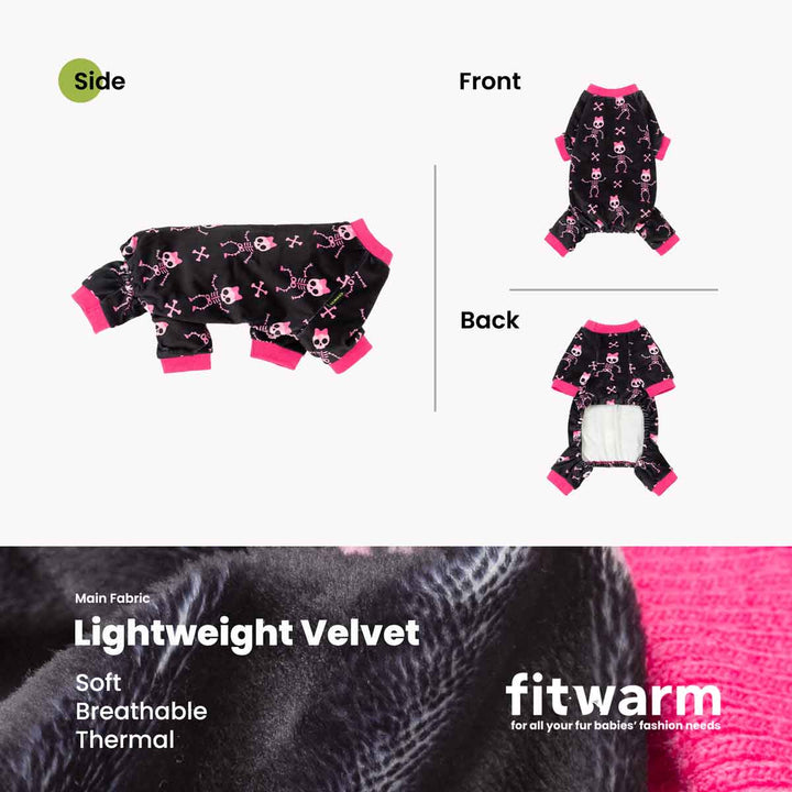 Product infographic for a dog Halloween pajama set showing front, back, and side views, with a large fabric close-up and text highlighting lightweight velvet, softness, breathability, and thermal properties