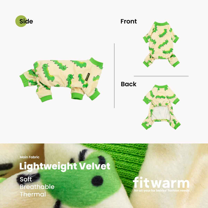 Caterpillar print dog pajamas, side front and back views