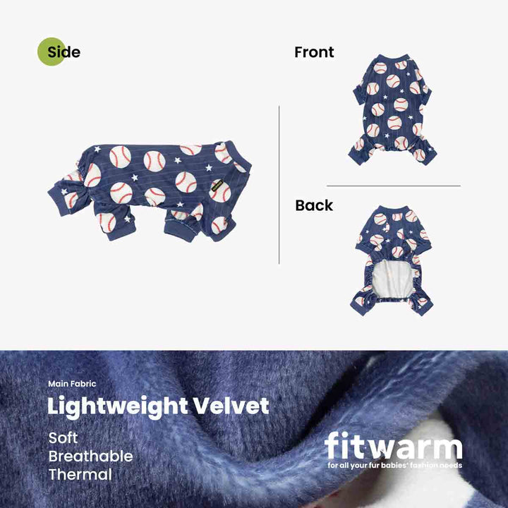 Dog pajamas with baseball pattern shown from side, front, and back views, with 'fitwarm' branding
