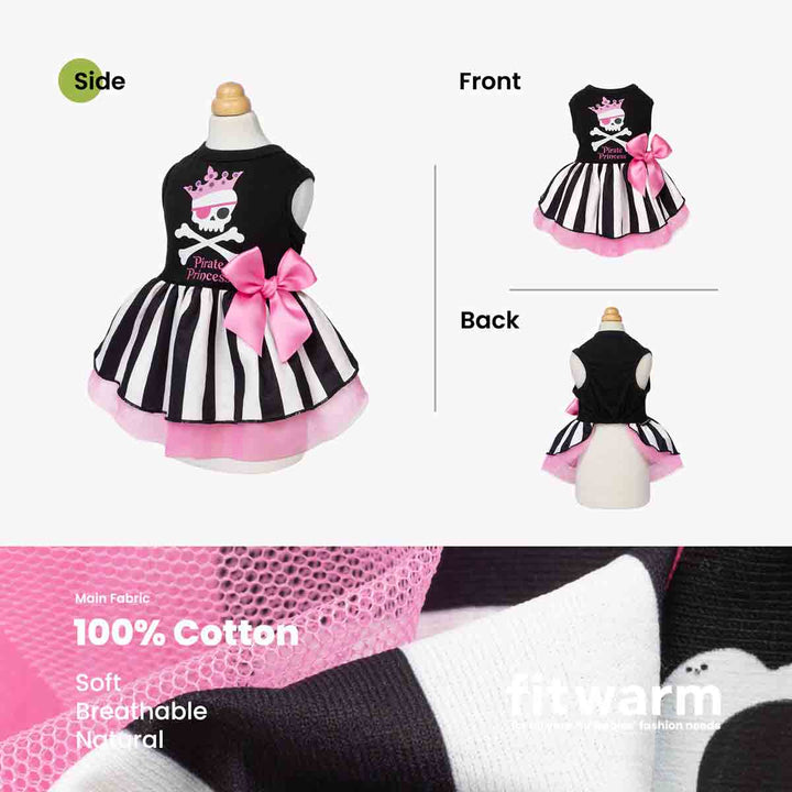 Halloween dress for dogs shown on a mannequin with front, back, and side views, plus a fabric close-up