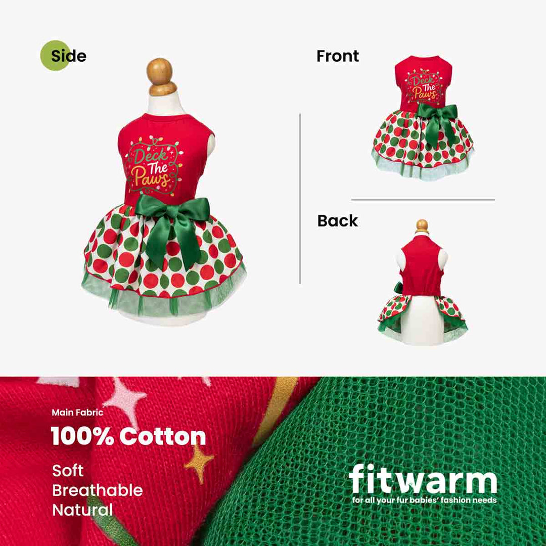 Festive dog tulle dress displayed on a mannequin with front, side, and back views, plus fabric close-ups