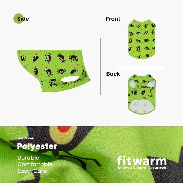 Product information graphic for a dog Halloween t-shirt. It shows the side, front, and back views of a bright green pet vest with a black spider pattern