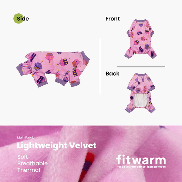 Product presentation of a pink dog pajamas with a colorful cake pattern, showing front and back views alongside a close-up of its plush velvet fabric