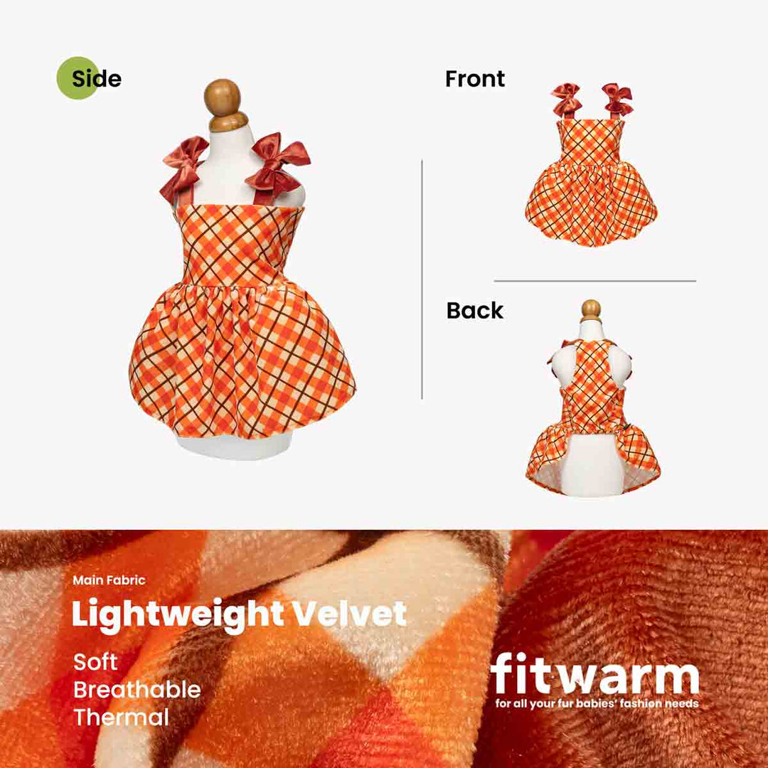 Sleeveless dog fleece dress shown on a mannequin with front, back, and side views, plus a fabric close-up