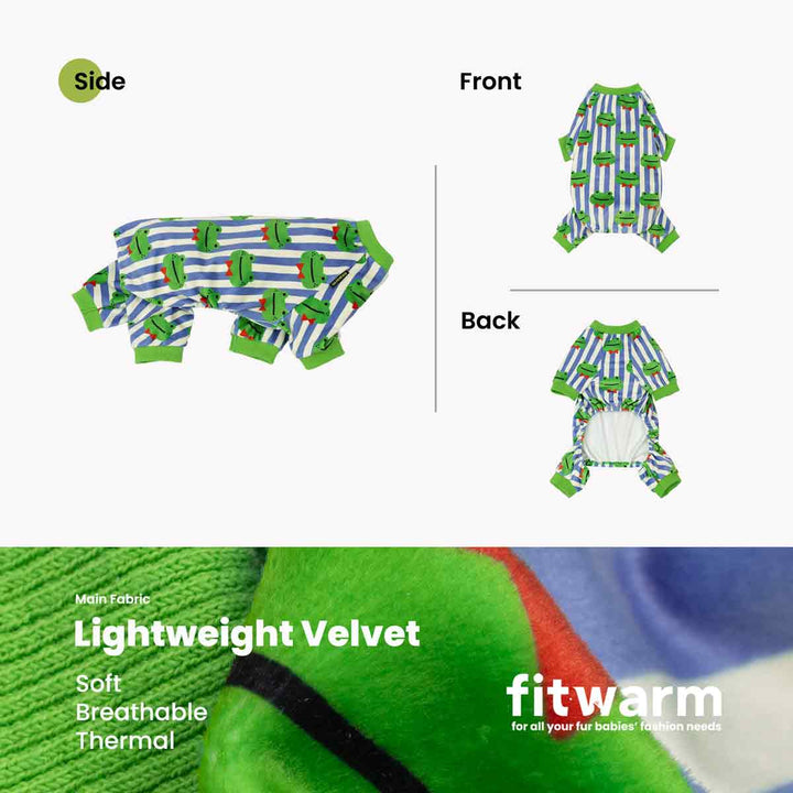 Dog onesie with side, front, and back views on a white background, featuring the brand 'fitwarm'.