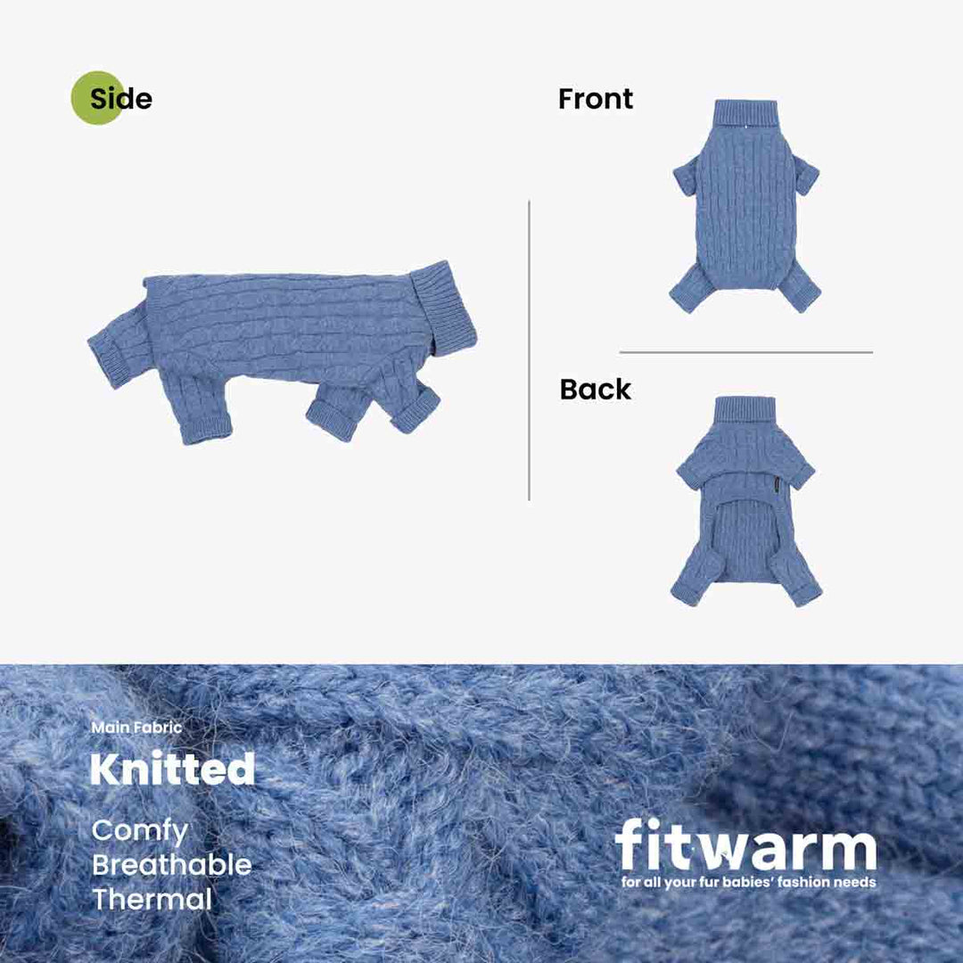 Blue sweater for dogs shown from side, front, and back views on a light gray background, with a close-up fabric texture panel and the brand name fitwarm