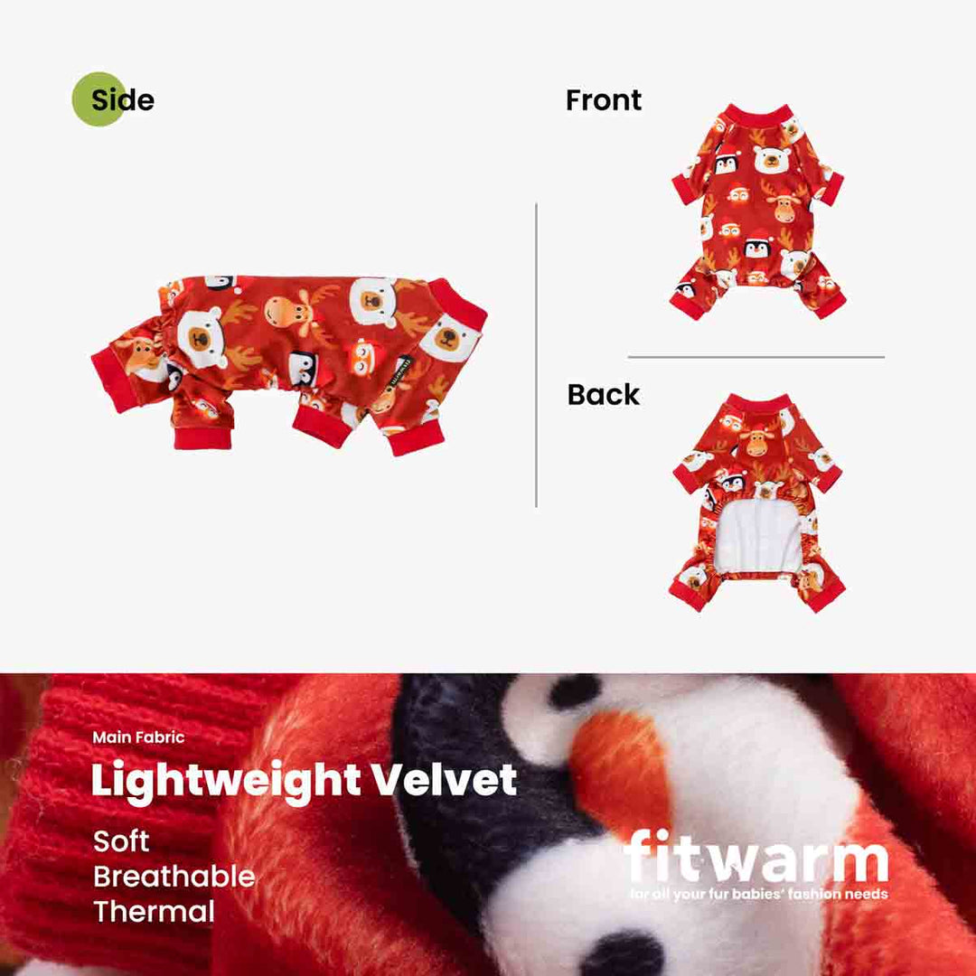 Christmas-themed dog pajamas featuring lightweight velvet fabric in red with penguin, bear, owl, and reindeer prints, shown in side, front, and back views.