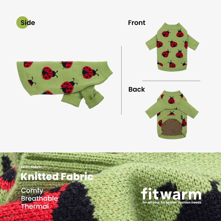 Light green dog sweater featuring red ladybug patterns shown in side, front, and back views.