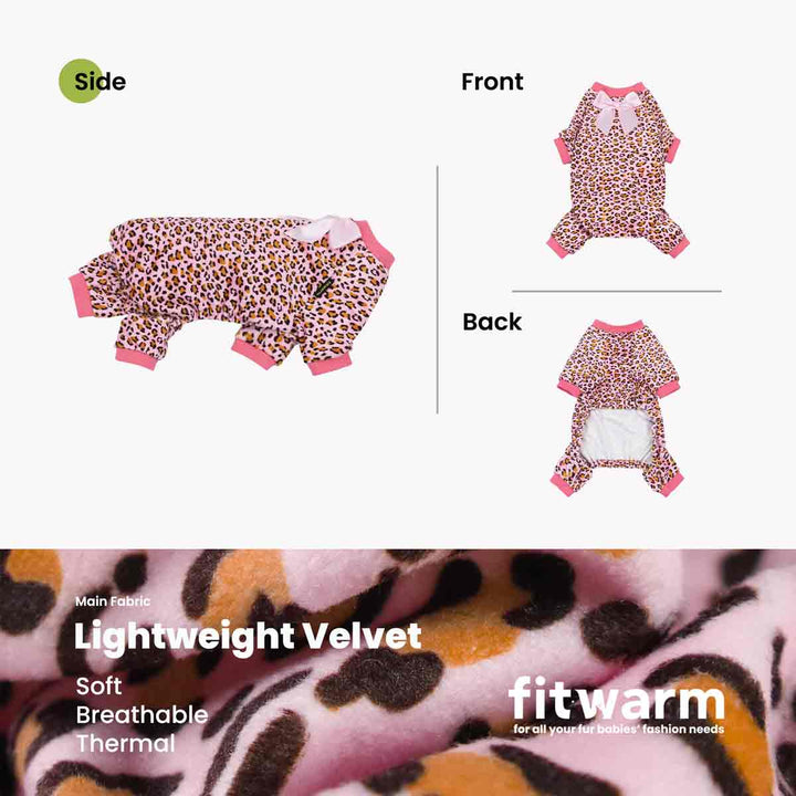 Pink leopard dog pajamas with bow, soft, breathable, and thermal, available at Fitwarm.
