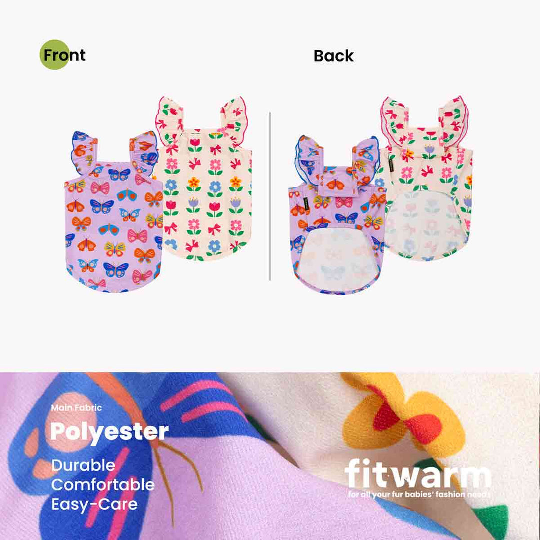 Summer dog t shirt with butterfly and flower patterns on front and back, featuring 'fitwarm' brand