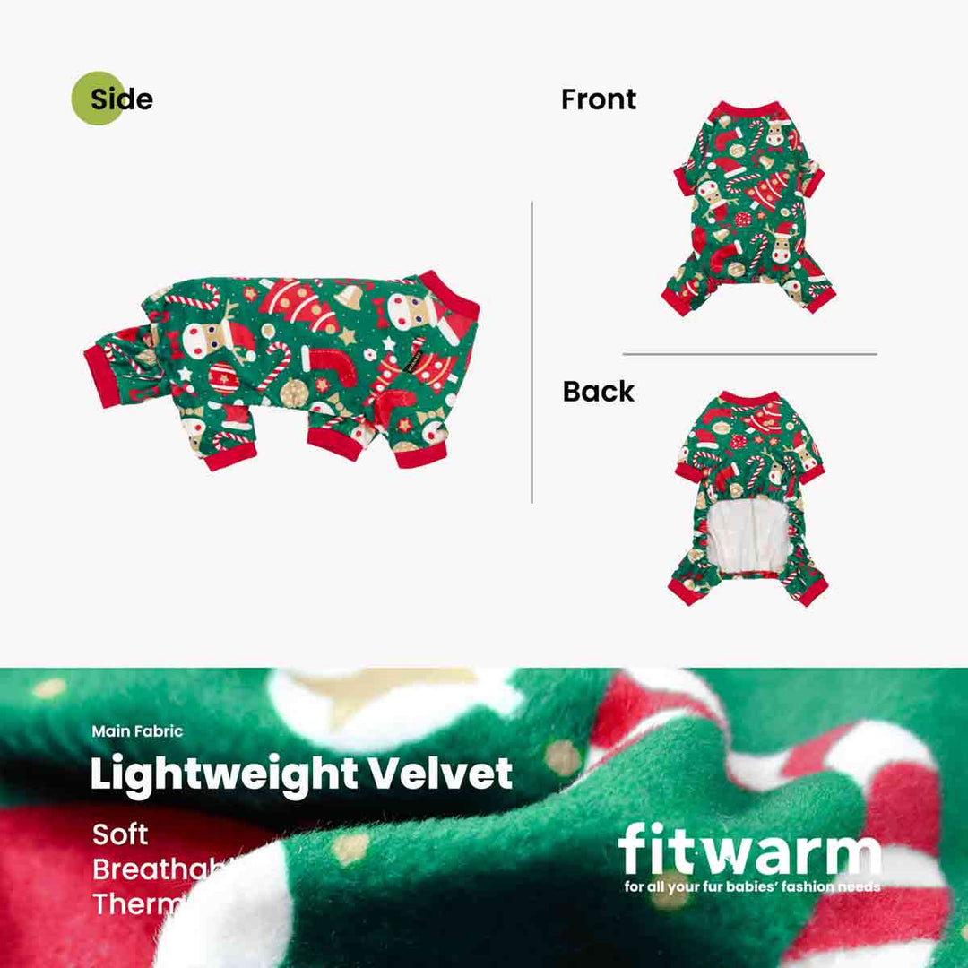 Green Christmas dog pajamas featuring reindeer, Santa hats, and candy canes. Lightweight velvet.