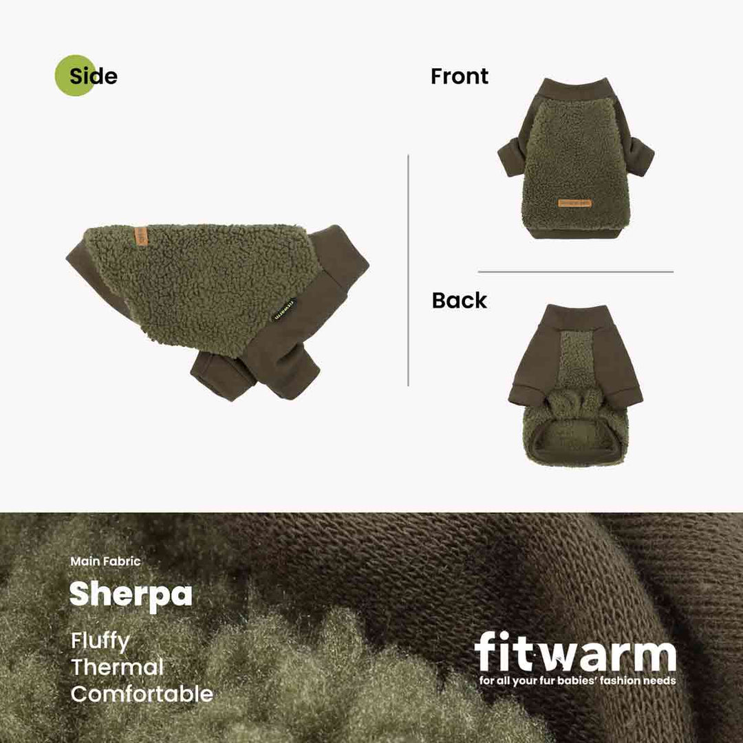 Olive green dog sweater shown in side front and back views with fleece panel.