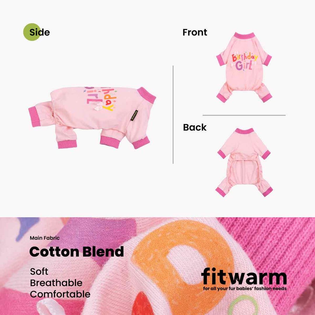 Light pink birthday dog pajamas shown from side, front, and back views on white background.
