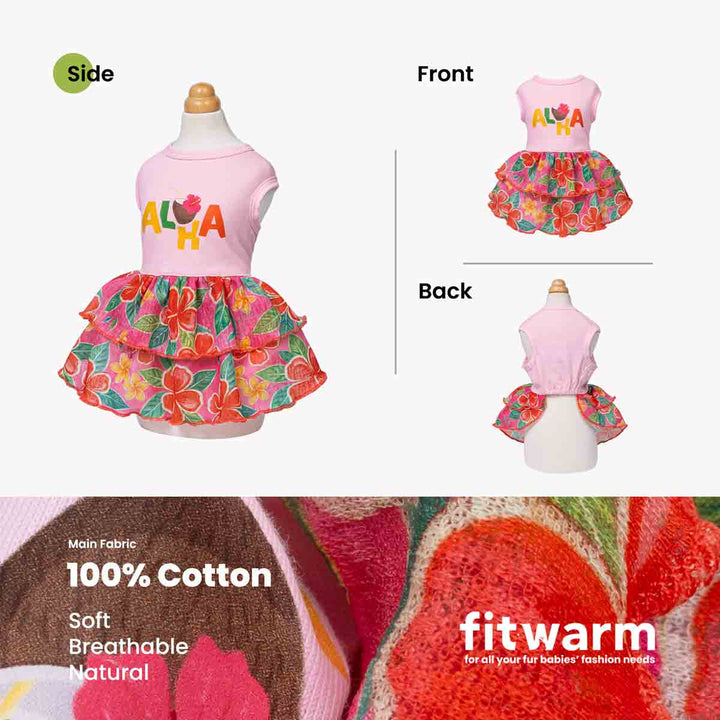 Summer dog Hawaiian dress with pink top and floral skirt on a mannequin, showing side, front, and back views. Brand 'fitwarm' visible.
