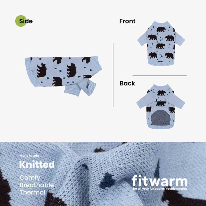 Product presentation for a light blue dog knitted sweater with a black bear print, showing both front and back views, a side view