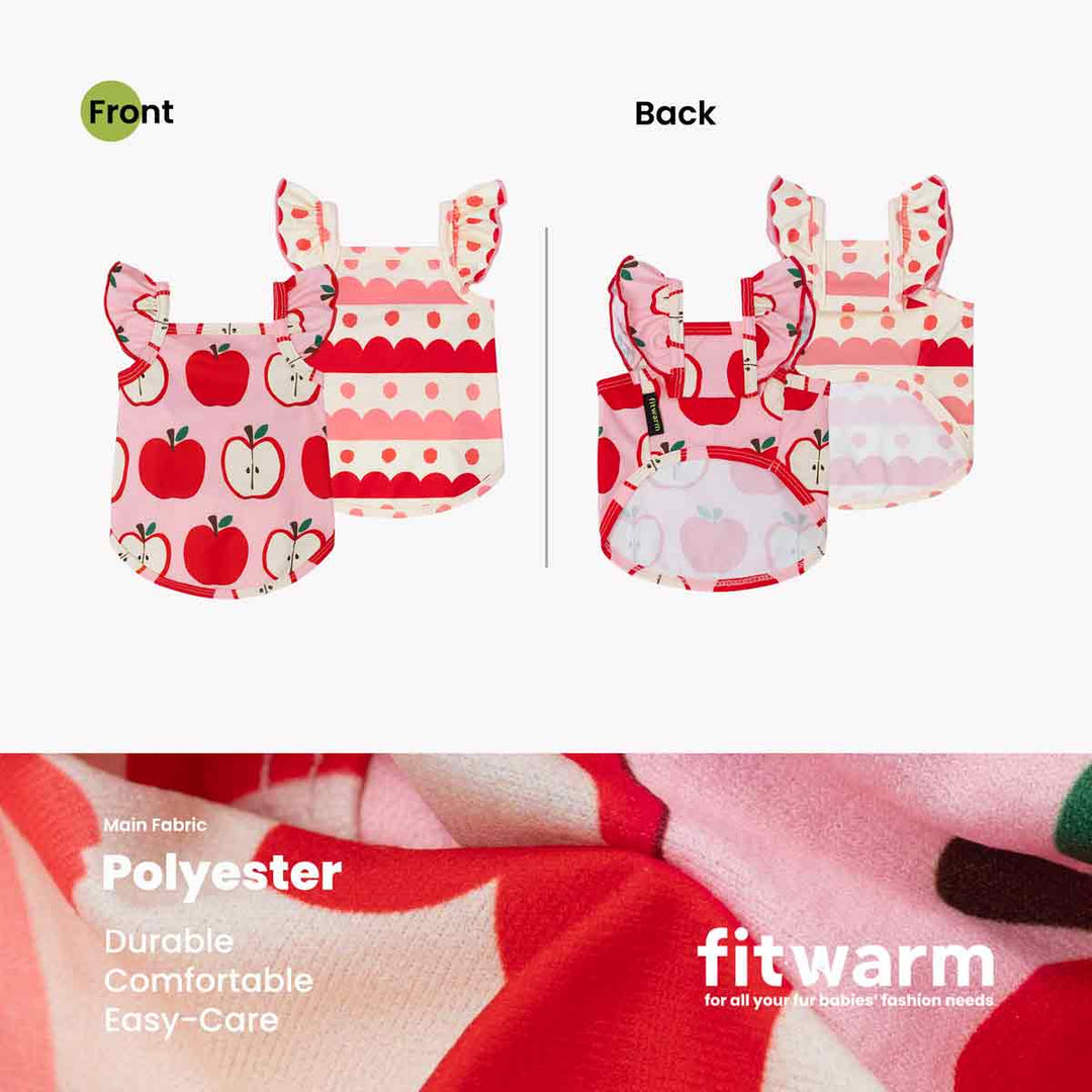 Front and back view of apple print dog shirt with ruffle sleeves for dogs